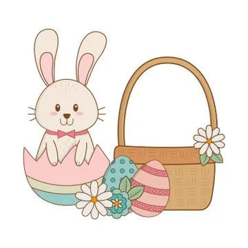 Little rabbit with egg painted easter in basket Illustrazione stock