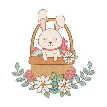 Little rabbit with egg painted easter in basket Stock Illustration