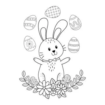 Little rabbit with eggs painted easter character Illustrazione stock