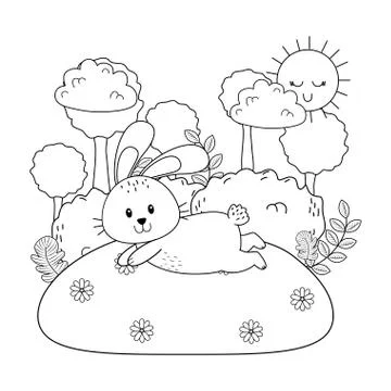 Little rabbit in the landscape easter character Illustrazione stock