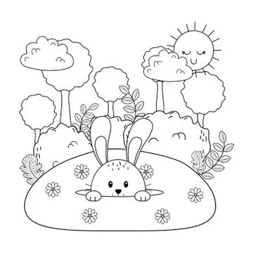 Little rabbit in the landscape easter character Stock Illustration