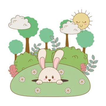 Little rabbit in the landscape easter character Illustrazione stock