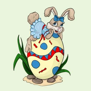 The little rabbit lies on the Easter egg Stock Illustration