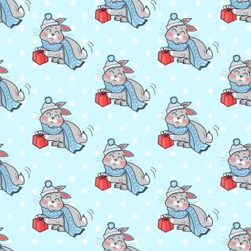 Little Rabbit with Present Box Seamless Pattern 스톡 일러스트