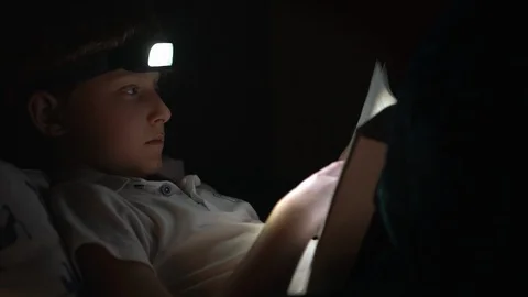 Little reader boy turns book page, he uses the Head Torch  Vidéo 99807628
