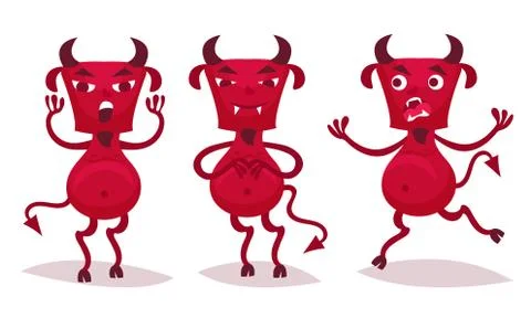 Little Red Devil with Beard, Fangs and Horns Vector Set 스톡 일러스트