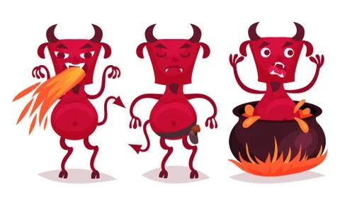 Little Red Devil with Beard, Fangs and Horns Vector Set 스톡 일러스트