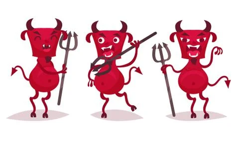 Little Red Devil with Beard, Fangs and Horns Vector Set Illustrazione stock
