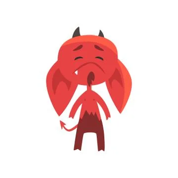 Little red devil with droopy ears showing very upset face expression. Cute イラスト素材