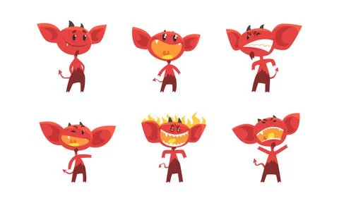 Little Red Devil or Demon as Evil Character with Fangs, Tail and Horns Vector Stock Illustration