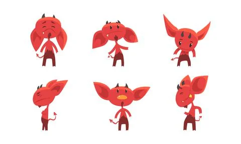 Little Red Devil or Demon as Evil Character with Fangs, Tail and Horns Vector Stock Illustration