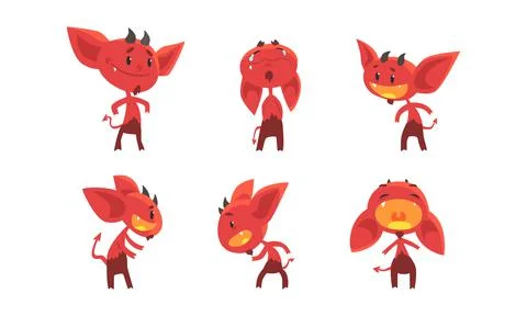 Little Red Devil or Demon as Evil Character with Fangs, Tail and Horns Vector Stockillustratie