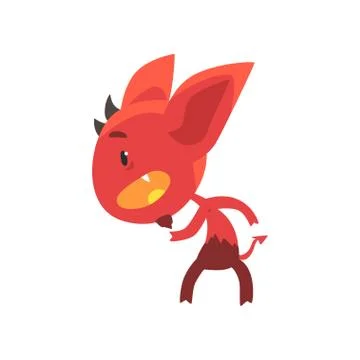 Little red devil standing in threatening pose isolated on white. Funny evil イラスト素材