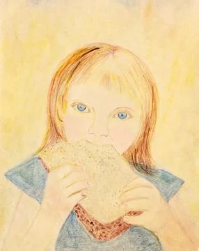 Little red-haired girl eats a piece of bread Stockillustratie