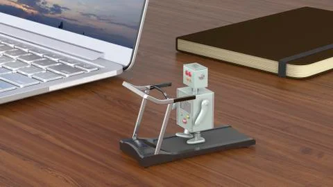 Little robot exercising on treadmill, standing on a desk with laptop and Stock Illustration