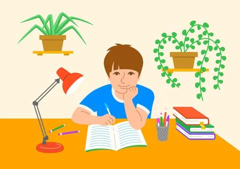 Little school boy doing homework at the desk 스톡 일러스트