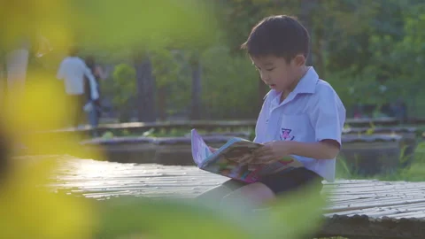 Little school boy read homework book outdoor city park evening relax Stock Footage 298469300