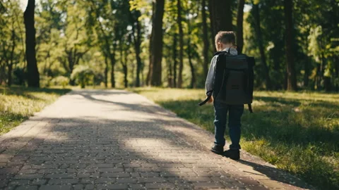 Little school boy walking alone in park Stock Video Pond5