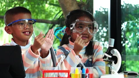 Little scientists are learning happily and interestingly Stock Footage 247195742