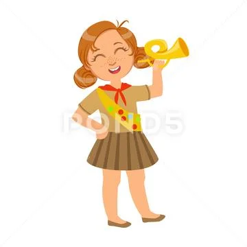 Little scout girl dressed in uniform and holding trumpet, a colorful character Stock Illustration
