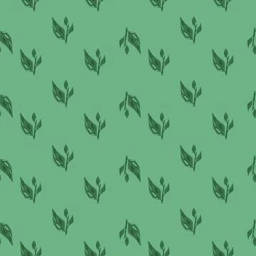 Little seamless pattern with doodle leaves branches elements. Green pastel ba Stock Illustration