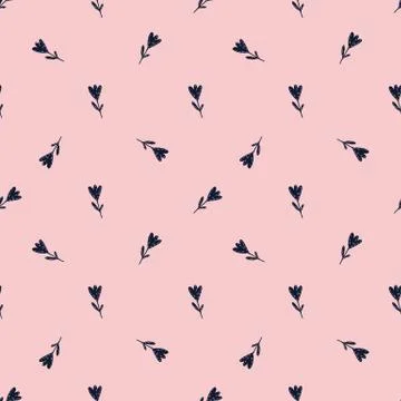 Little seamless pattern with navy blue flower silhouettes. Pink background. N Illustrazione stock
