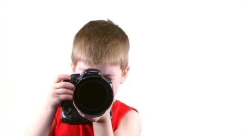 Little serios boy with a camera 스톡 동영상 37204335