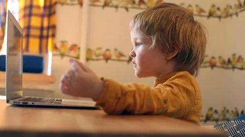 Little smart boy spending time online with laptop on modern background. Children Stock Footage 129214465