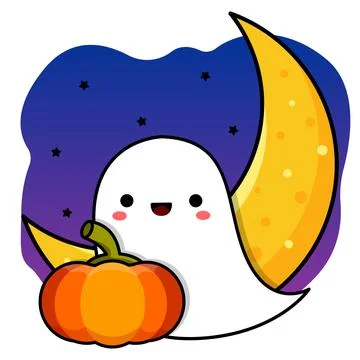 Little smiling ghost. Pumpkins and the Moon. Halloween drawing. Vector Illustrazione stock