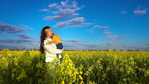 The little son hugs his mother, sitting in her arms in a yellow field under a Stock Footage