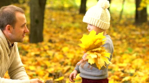 Little son making rain of yellow leaves for his father Stock Footage 68957411