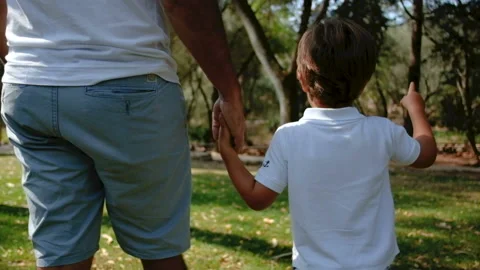 Little son pointing up while walking with father in park Stock Footage 97041975