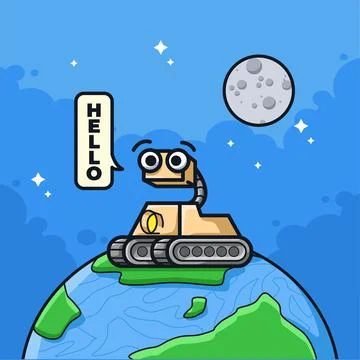 Little Space Robot Explorer saying hello in cute line art illustration style Stock Illustration