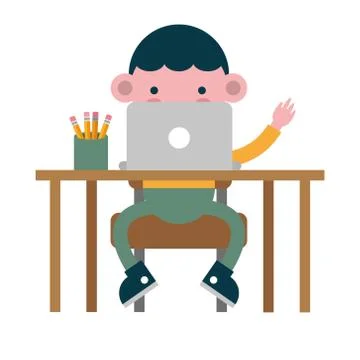 Little student boy in desk using laptop comic character Stock Illustration