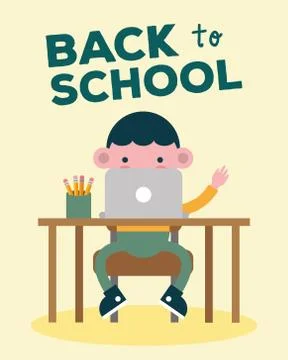 Little student boy in desk using laptop comic character Stock Illustration