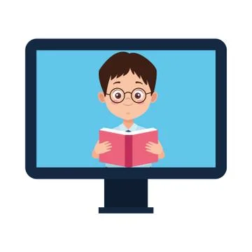 Little student boy with uniform reading book in computer character Illustrazione stock