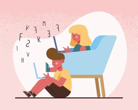 Little students couple using laptops 스톡 일러스트