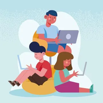Little students group using laptops Illustrazione stock