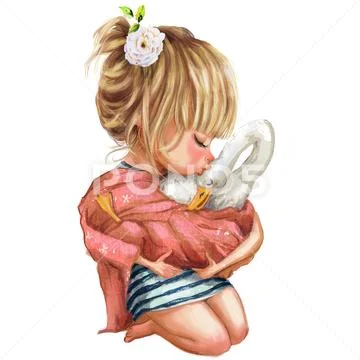 Little summer blonde girl kissing a goose Stock Illustration