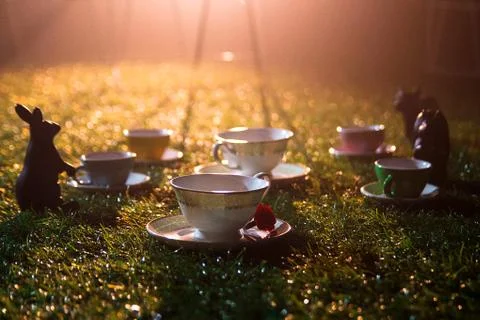 Little tea cups on the grass in the setting sun Stock Photos