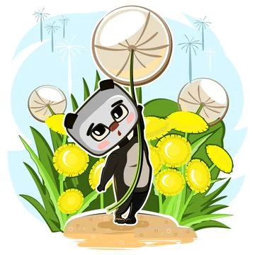 Little Teddy panda Bear flies on dandelion. Funny comic baby animal. Summer m Stock Illustration