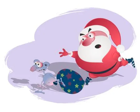 Little thin mouse steals a bag of gifts from Santa Claus. Vector illustration Stock Illustration