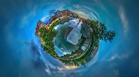 Little Tiny Planet 360 Degree River Flows in City Waterfall in the Distance Stock Footage 64970185