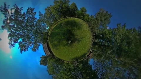 Little Tiny Planet 360 Degree View on the Garden Rustic Houses in the Beautiful Stock Footage 64989203
