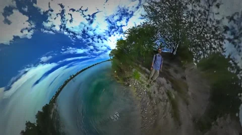 Little Tiny Planet 360 Degree Man Filming Sea Bank Turquoise Water Sea Stock Footage 67853990
