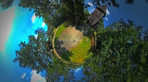 Little Tiny Planet 360 Degree Wooden Bell-Tower Rural Opole Landscape Old Stock Footage 67855671