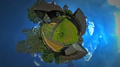 Little Tiny Planet 360 Degree Flower Bed Cottage Courtyard Barn Rural Opole Stock Footage 67856452