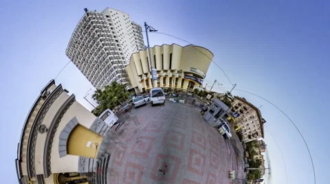 Little Tiny Planet 360 Degree Synagogue Kiev Square People Walk by Building in Stock Footage 67866361