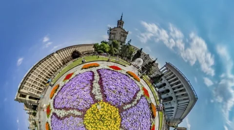 Little Tiny Planet 360 Degree Flower Bed Independence Square City Traffic Kiev Stock Footage 67866594