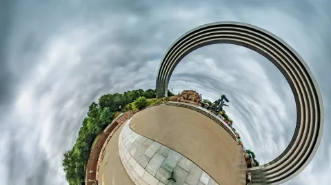 Little Tiny Planet 360 Degree Kiev Sights People's Friendship Arch and Statue Stock Footage 67867099